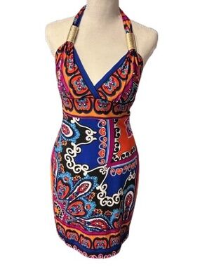 Vintage Cache Halter Multi Colored Spandex Dress Medium Gold Blue Red Bodycon